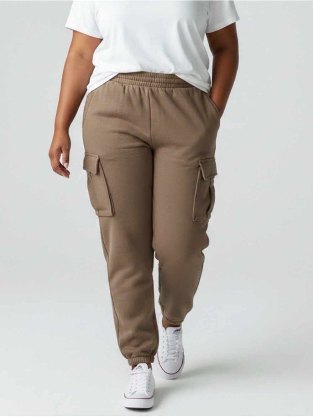 Gap Fit Fleece Cargo Jogger Sweatpants Elastic Waist Light Brown Women’s Size M